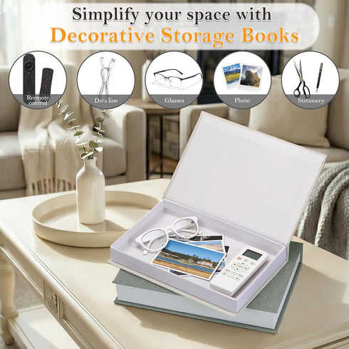 Set 2 Realistic Decorative Book Boxes with Hidden Storage, of Linen Faux Books, Sturdy and Neutral Home Decor