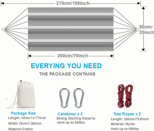 White Hammock Swing Bed, Single Person Cotton Fabric Canvas Travel Hammocks, 500lbs Ultralight Camping Hammock,