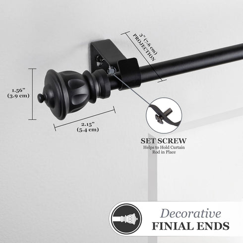 Kenney Kiera Crown Adjustable Curtain Rod, 28 to 48 Inches, Extendable Set, Matte Black