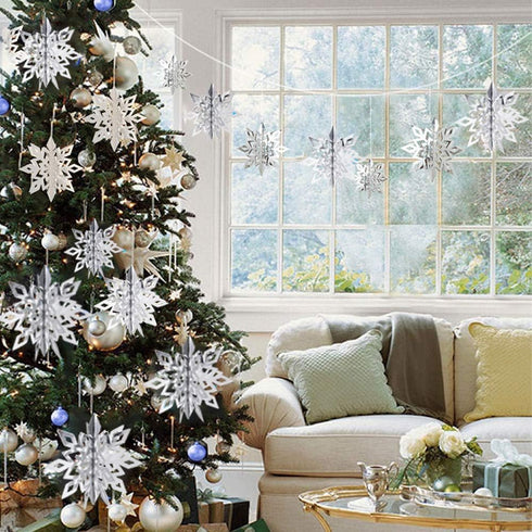 OuMuaMua Winter Christmas Hanging Decorations - 12PCS 3D Large Silver Snowflakes & 12PCS White Paper Snowflakes Garland