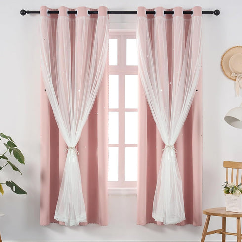 84 Inch 1 Light Pink Curtains Blackout for Girls Bedroom - Aesthetic Star Cutout Double Layer with White Sheer Overlay