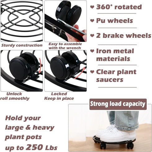 lucpur 3 Packs 13.5" Metal Plant Caddy with Wheels Large Rolling Plant Stands Indoor Wheeled Plant Dolly Heavy-duty