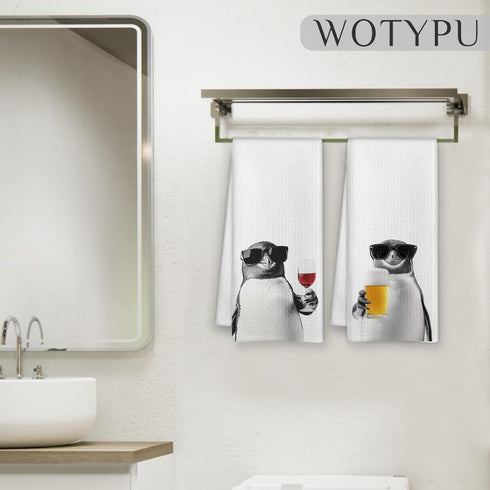 WOTYPU 16x24 Inch Set 2 Funny Penguin Kitchen Bar Towels, Penguin Gifts for Women Men, Gifts for Wine Beer Lovers