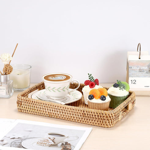 Hipiwe 11.8x7.9x1.8inch Rattan Serving Tray Hand Woven Tray with Handles Rattan Rectangular Basket Trays for Storage