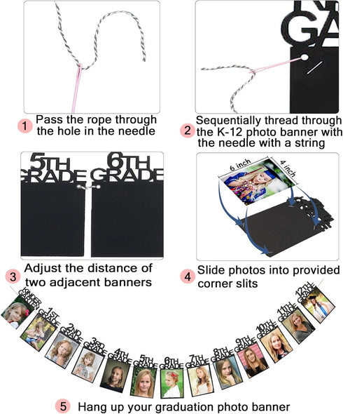 Graduation Photo Banner for 2025 2026 Party Decorations, Kindergarten to 12th Grade Picture Banner, Black 4X6 Inch