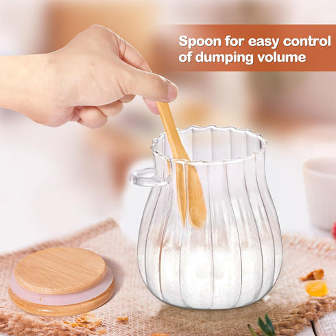 Quald 15oz Sugar Container with Bamboo Lid and Spoon,Sugar Bowl Glass Jar for Coffee Bar Accessories Coffee Canister