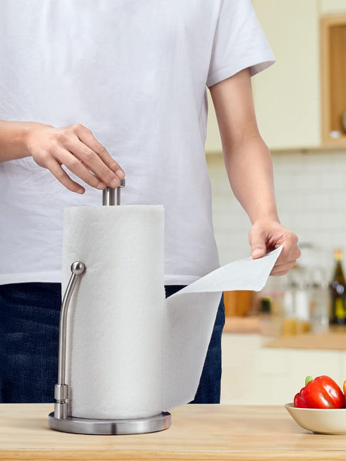 SMARTAKE Paper Towel Holder, Standing Weighted Base Non-Slip Dispenser with Spring Arm for Easy Tear