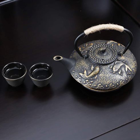 Set 4 Set, 26 oz Ufine Koi Fish Cast Iron Teapot Stove Top Tea Kettle with Cups Japanese Style Tetsubin Tea Gift