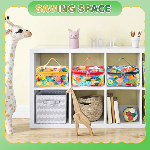 6 Packs Clear Toy Storage Bags, Colorful PVC Waterproof Toy Organizer with Zip Reusable Bags for Building Blocks, Board