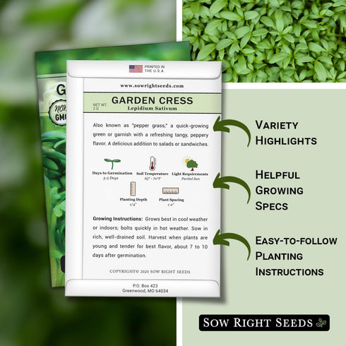 Packet (1) Sow Right Seeds - Garden Cress Seeds for Planting - Non-GMO Heirloom with Instructions to Plant and Grow a