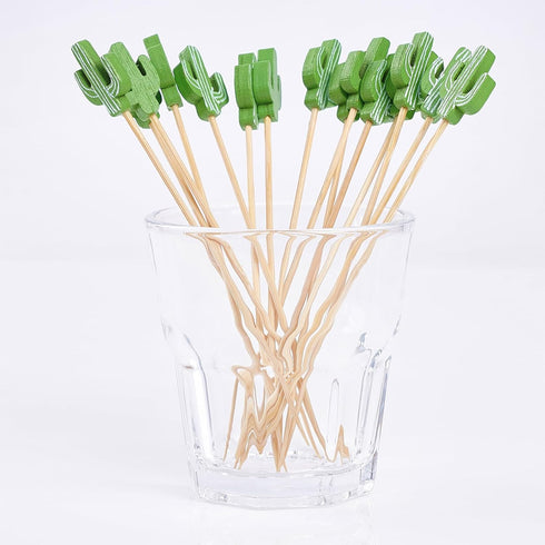 PuTwo - 100pcs Handmade Bamboo Cocktail Picks 4.7” in Green Cacti