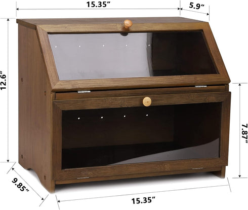 Counter, HOMEKOKO Double Layer Large Bread Box for Kitchen Wooden Large Capacity Bread Storage Bin (Brown)