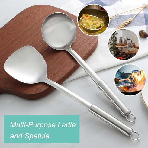 Pleafind 2-Pcs Cooking Utensils Set, Stainless Steel Ladle and Spatula, Soup Ladle and Wok Spatula for Home and