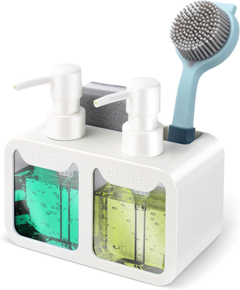 Kitchen Hand Soap and Dish Soap Dispenser Set - Dual Soap Dispenser with Sponge Caddy and Brush Holder, 4-in-1