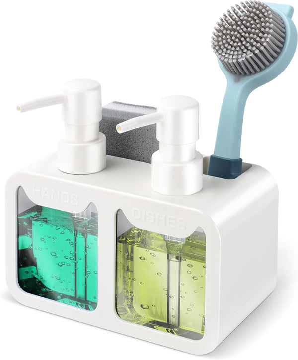 Kitchen Hand Soap and Dish Soap Dispenser Set - Dual Soap Dispenser with Sponge Caddy and Brush Holder, 4-in-1