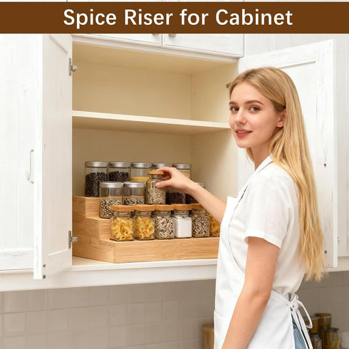 2 Pack Countertop Spice Rack Riser for Cabinet, Bamboo Spice Organizer Display Shelf for Kitchen