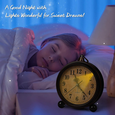 Battery Alarm Clock - Vintage Hangable Night Light, Super Silent Non-Ticking Analog Table Clock