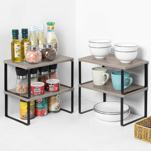 NEX Kitchen Cabinet and Counter Shelf Organizer, Set of 4, Stackable & Expandable, Black and Greige