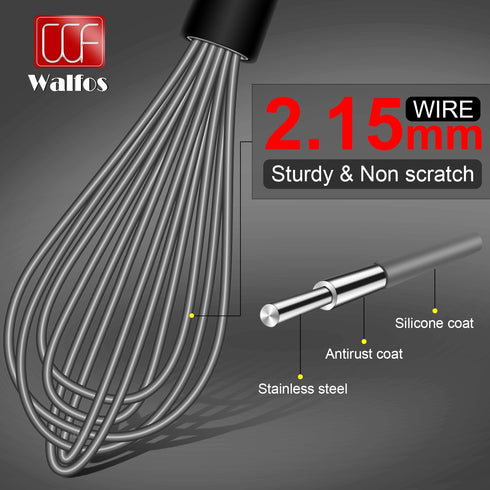 Walfos Whisk, Silicone Whisks Set of 5, Mini Stainless Steel Whisk 7in+5in and Non Scratch Coated 7+9+11in Whisks, Suitable for Blending, Whisking, Beating, Frothing & Stirring. (Grey) by Walfos
