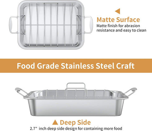 Skyflame Roasting Pan with Rack - Stainless Steel Rectangular Barbecue Bakeware with Nonstick U-Rack for Indoor/Outdoor