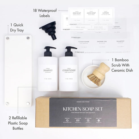 Set Set Countertop Set Luxe White Kitchen Soap Dispenser with Tray and Dish Brush, Refillable Hand and Dish Soap