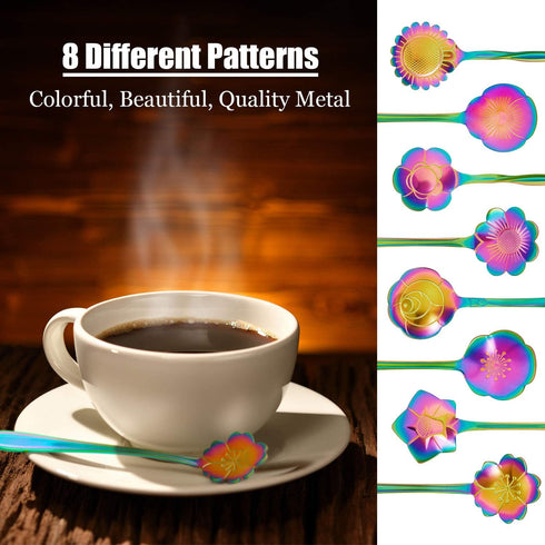 8 Pieces Flower Spoon Coffee Teaspoon Set - Stainless Steel Tableware - 8 Different Patterns (Rainbow Color)