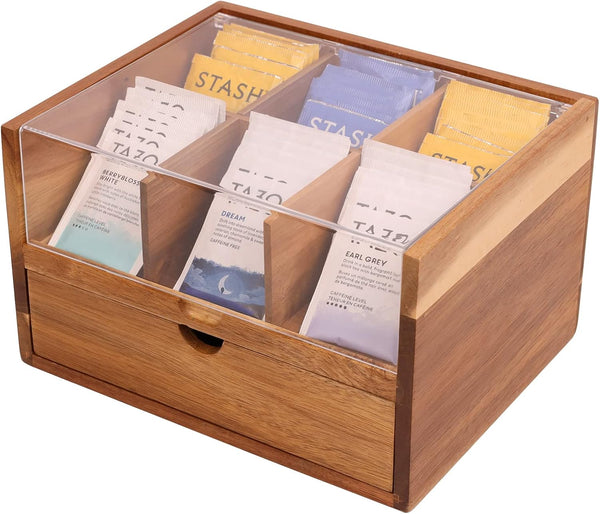 HTB Large Tea Organizer 2 Tier with Drawer, Tea Bag Organizer with