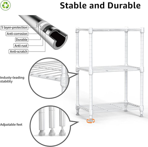 MZG Wire Storage Shelving, 3-Tier Utility Shelving Unit, Steel Organizer Rack for Home, Kitchen, Office, White