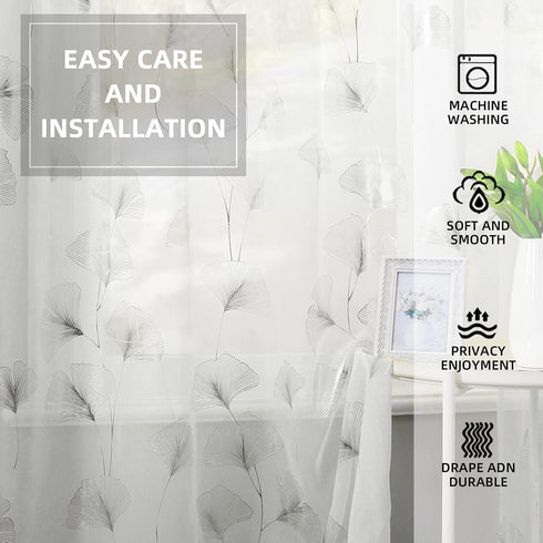 Silver Foil Print Voile Sheer Curtains, 72 Inches Long Grommet Top Window Drapes for Home Decoration