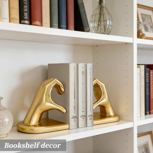 Book Ends for Shelves, Gold Heart Hands Decorative Bookends Book Holder for Bookshelf Decor, Unique Book Holders Heavy