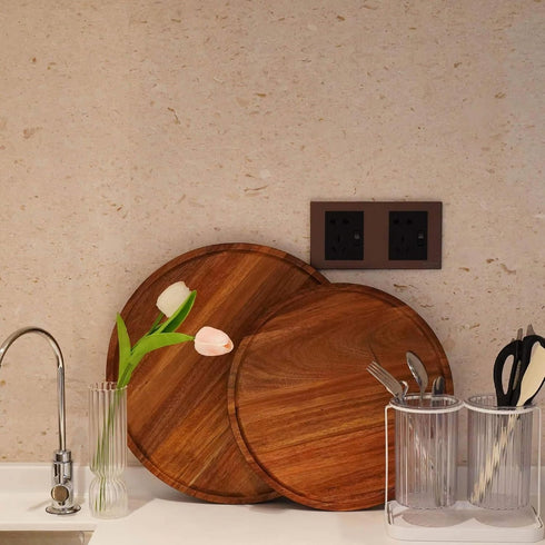 13.8 Inch PINXIURY Round Wooden Decorative Serving Tray for Coffee Table and Home Decor, Round Wood Tray for Table