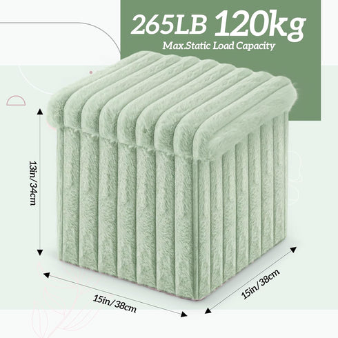 15x15x13 Inch, 265lbs Wenqik Green Storage Ottoman Cube, Fluffy and Furry Green Square Foot Rest Stool, Foldable