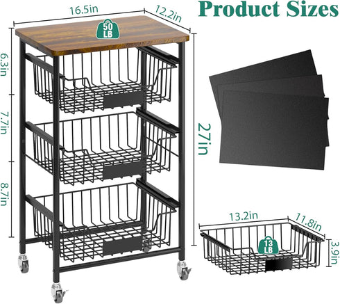 Kitchen Storage Cart with Wheels - 4-Tier Metal Utility Rolling Cart with Wood Top & Pull Out Baskets