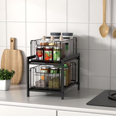 NPPLUS 2-Tier Under Sink Organizer - Iron Cabinet Organizers with Sliding Drawer for Bathroom Kitchen Desktop (Black)