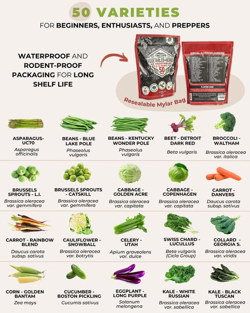 50 35,000 Tactiko Survival Vegetable, Herb & Fruit Seed Kit - U.S.A. Harvested Varieties - Over Non-GMO Heirloom Seeds