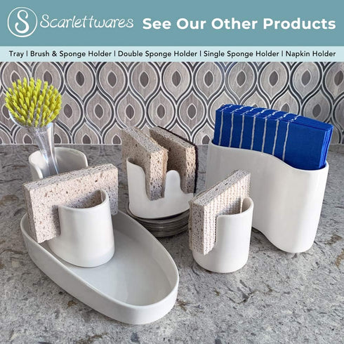 scarlettwares Dual Double Sponge Holder for Kitchen Sink Ceramic White Rustic Farmhouse Holds Two Sponges