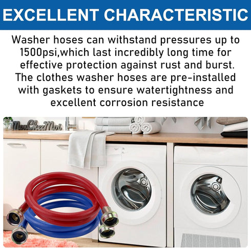 6FT Rubber Washing Machine Hoses, Universal Burst Proof Water Supply Lines for Hot and Cold Water (2 Packs)