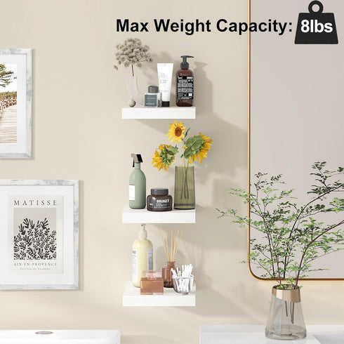 8inch (Set 3, 8x8) Fixwal Floating Shelves for Wall, Small White Shelves Wall Mounted Shelf for Bathroom, Living Room