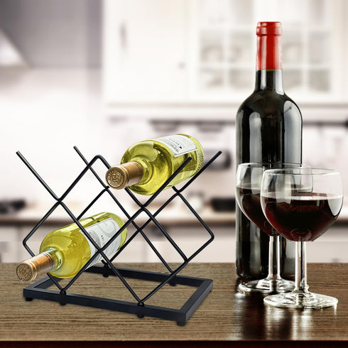 Small Wine Racks Countertop, 5 Bottle Capacity, Modern Black Metal Wine Bottle Holder for Home Kitchen Bar