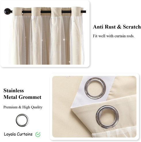 Loyala 52" 63" 2 Star Curtains, Blackout Curtains for Bedroom Kids Cute Double Layer Hollow Out Star Window Curtain