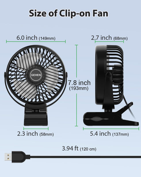 GEHEN 3-Speed Clip-On Fan with Strong Airflow, USB-Powered, Ultra-Quiet Operation for Bedroom, Office & Stroller Use