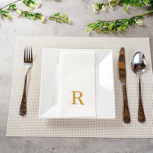 15.8 7.9 Inch 50 Luxenap X Linen-Feel Guest Towels, Lettered Hand Towels - Gold Letter 'R', Sans Serif Font, White