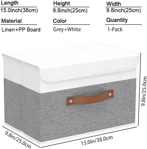 Yawinhe Storage Boxes with Lids, Linen Fabric Bin, Cube Organizer Basket, Washable, White/Grey, 1-Pack