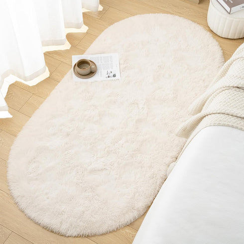 Fluffy Cream Bedroom Rug, Oval Shaggy Area Rug 2.6 x 5.2 Feet Cute Small Carpet for Kids Room Nursery Home Decor