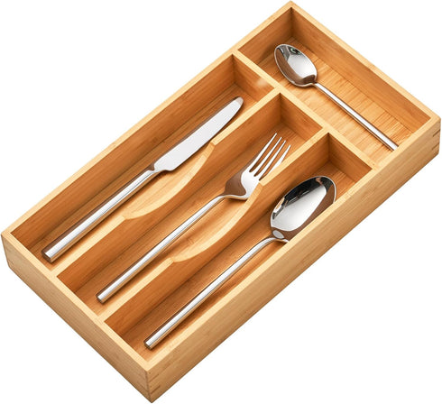 Umilife Bamboo Kitchen Drawer Organizer, 7 Inch Utensils Tray Holder for Small Drawer, Wood Caddy for Flatware Cutlery