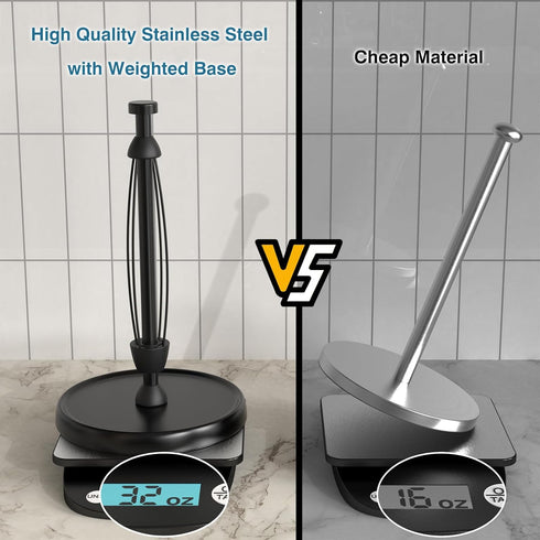 Black Paper Towel Holder Countertop, One-Handed Tear Stand with Ratchet Mechanism, Stainless Steel Weighted Base