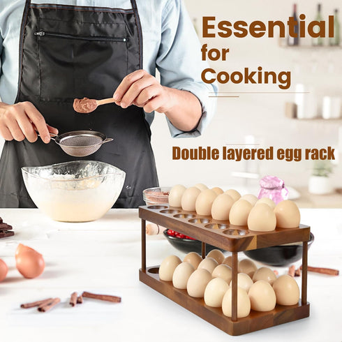 Wooden Double Layer Egg Holder, 36 Capacity Farmhouse Kitchen 2 Tier Fresh Egg Storage Rack for Countertop