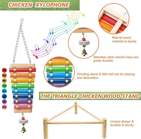 9 Pack 2 1 1 1 2 2 Chicken Toys for Coop Accessories, Chicken Enrichment Toys with Swing, Wood Stand, Xylophone