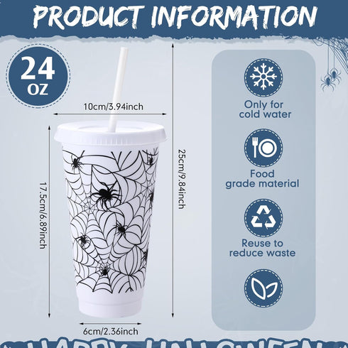Funnymoom 24 24 Oz Pcs Halloween Cups with Lids and Straws Spiderweb Halloween Plastic Cups Bulk White Mugs for Kids