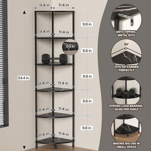 6 54.4" Book Shelf Corner Shelf, Tier Corner Bookshelf Display for Living Room Decor, Standing Shelves Bookcase